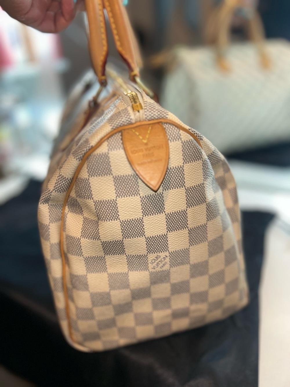 Louis Vuitton Damier Azur Checkered Satchel in Beige and Tan - Picture 3 of 10